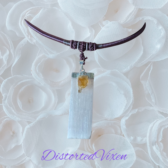 Citrine & Selenite Harmony Necklace | Mauve Cord | Cleansing + Confidence Energy - Picture 7 of 7